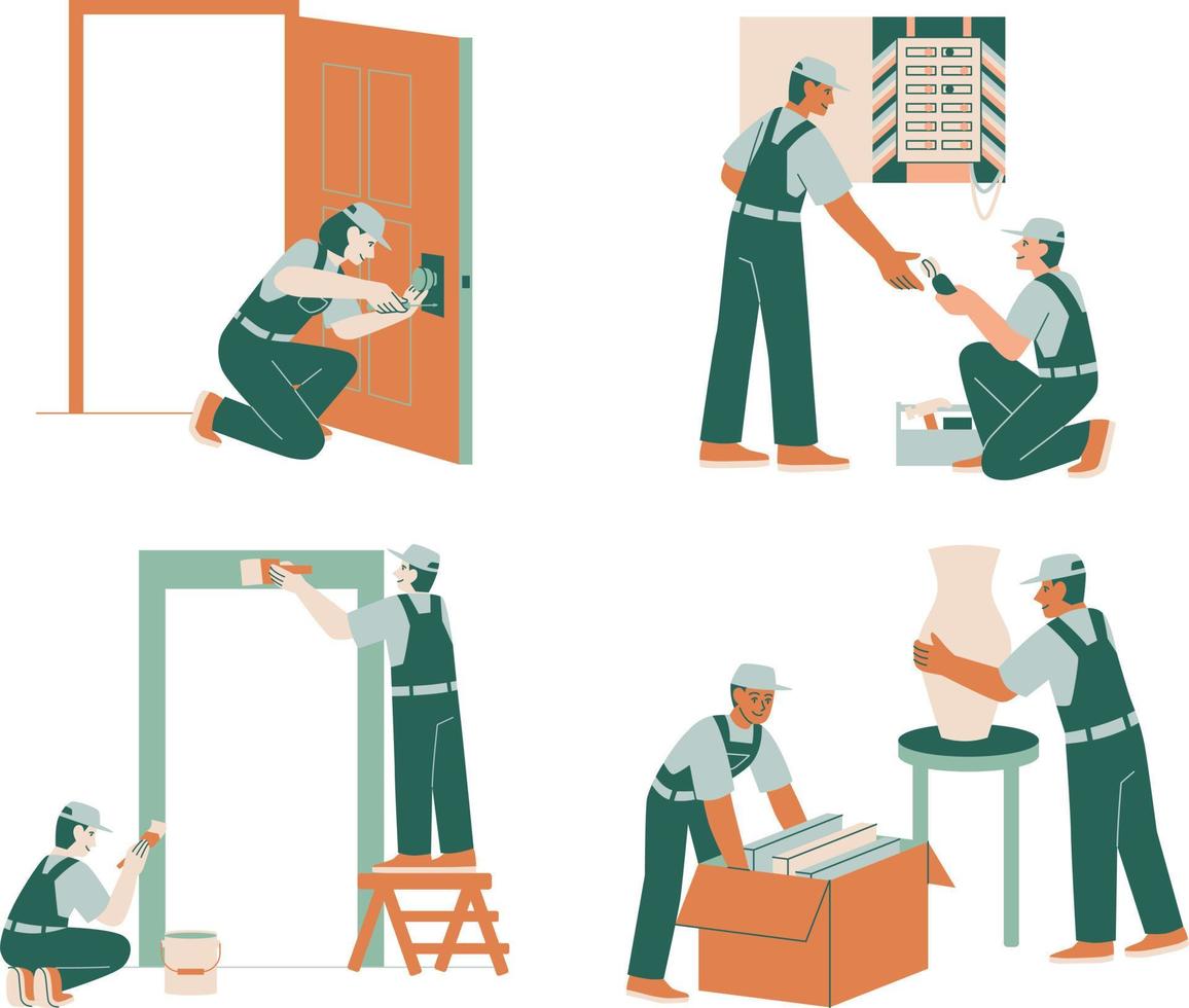 conjunto de trabajadores en diferente situaciones vector ilustración en plano estilo.