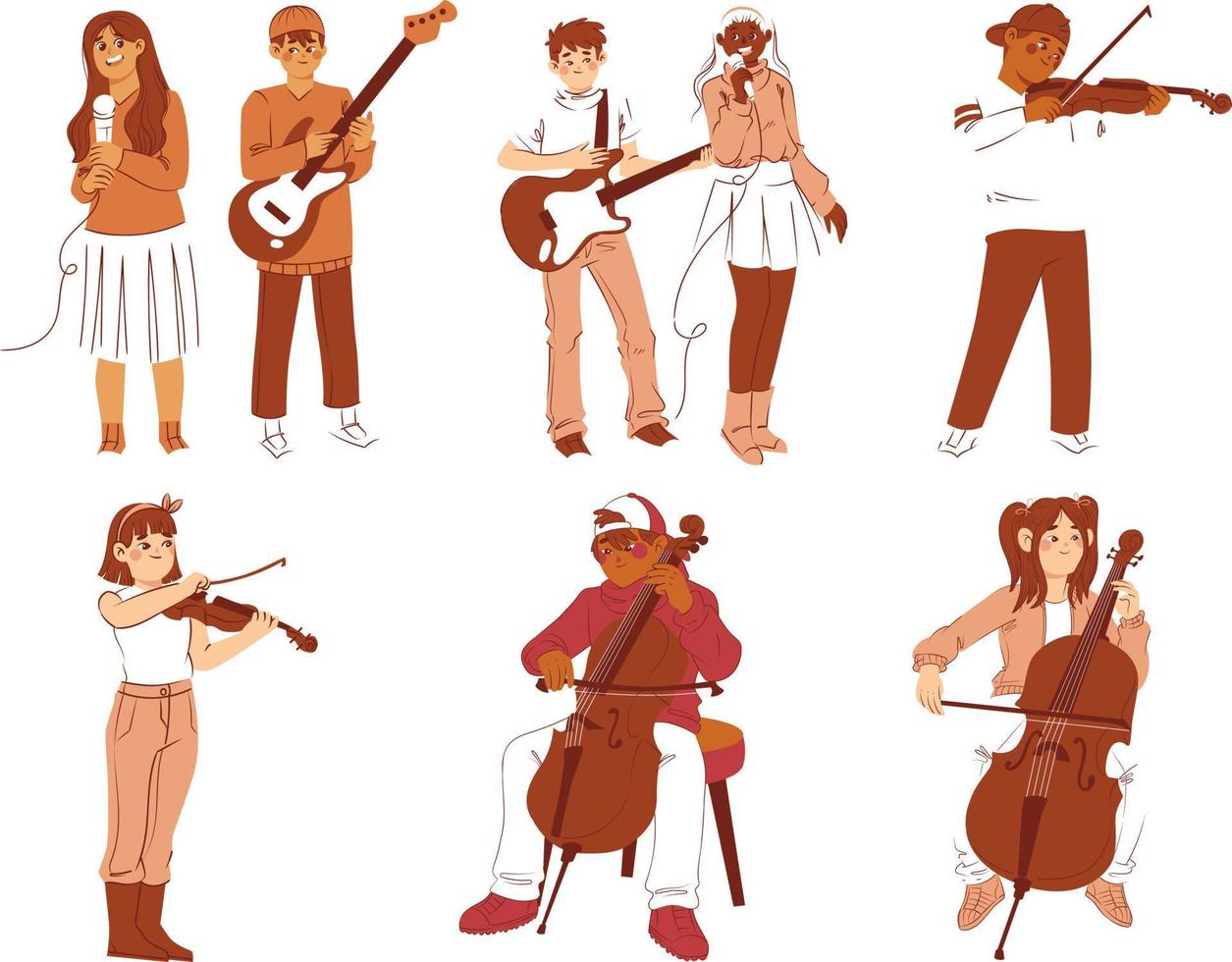 musical instrumentos colocar, masculino y hembra músicos dibujos animados vector ilustración