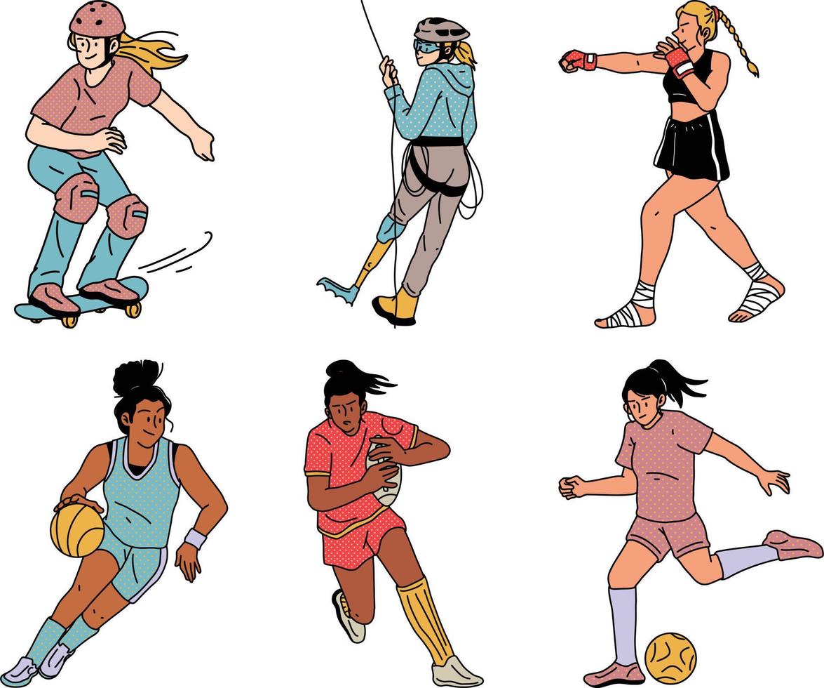 Set of vector illustrations of girls and boys playing soccer or football.