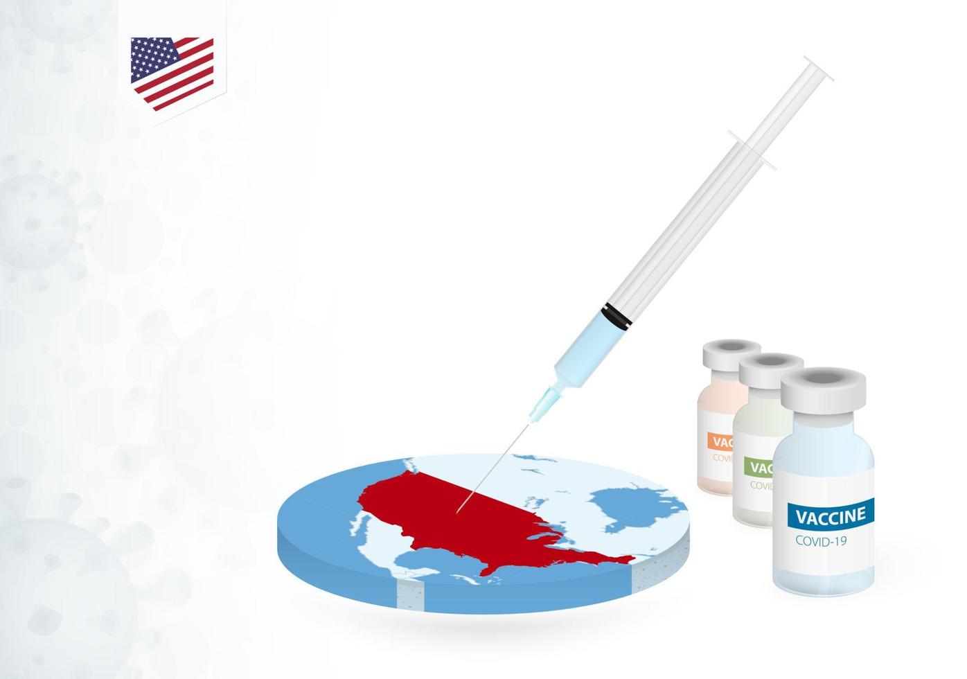 Vaccination in USA with different type of COVID-19 vaccine. Concept with the vaccine injection in the map of USA. vector
