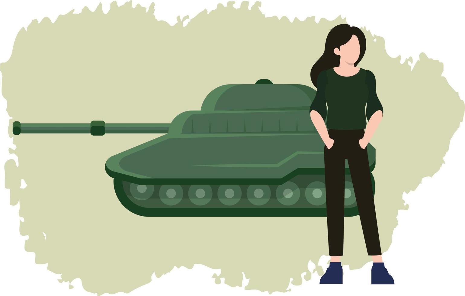 The girl is standing next to a military tank. vector