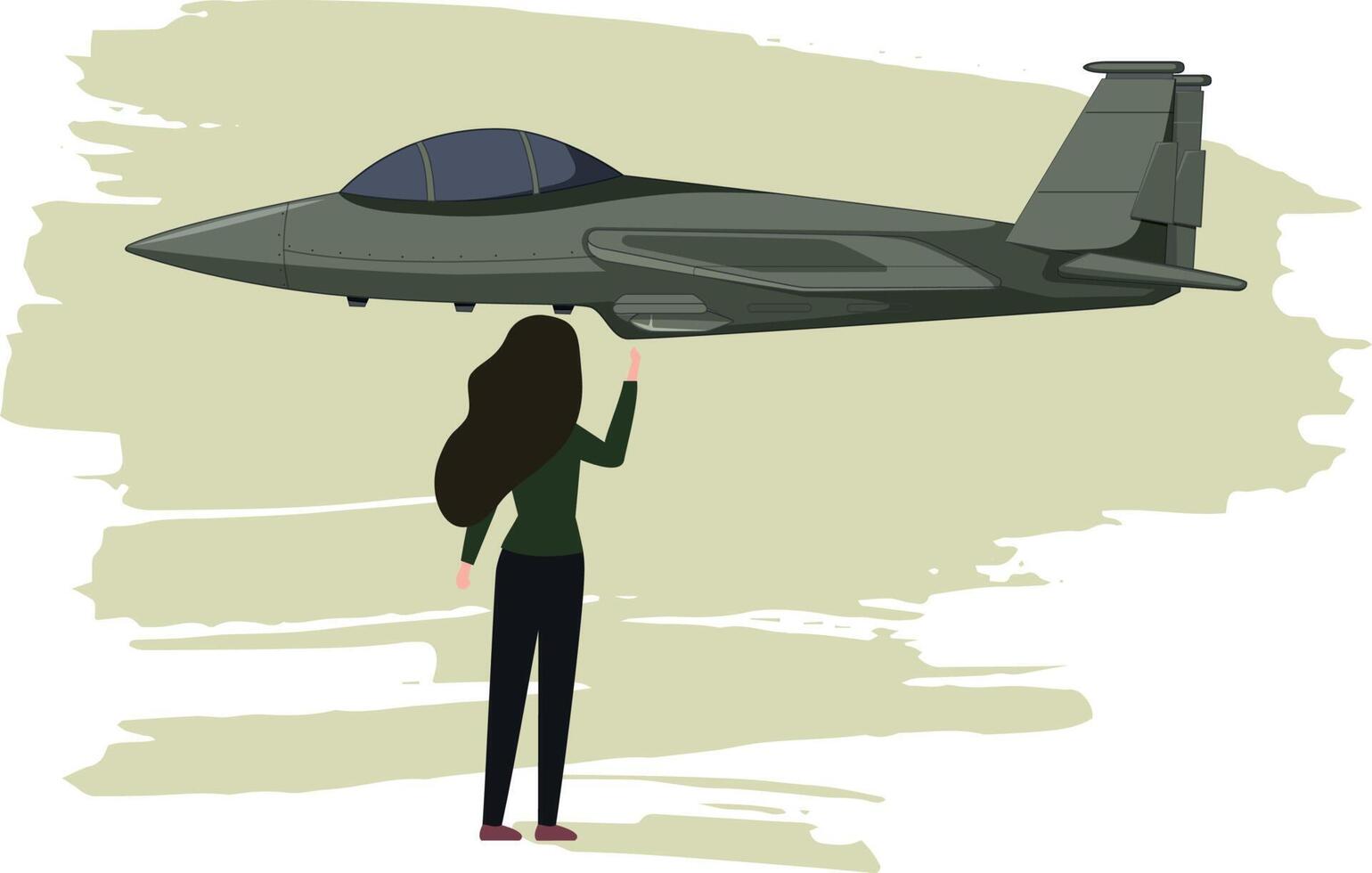 el niña es mirando a el militar avión. vector