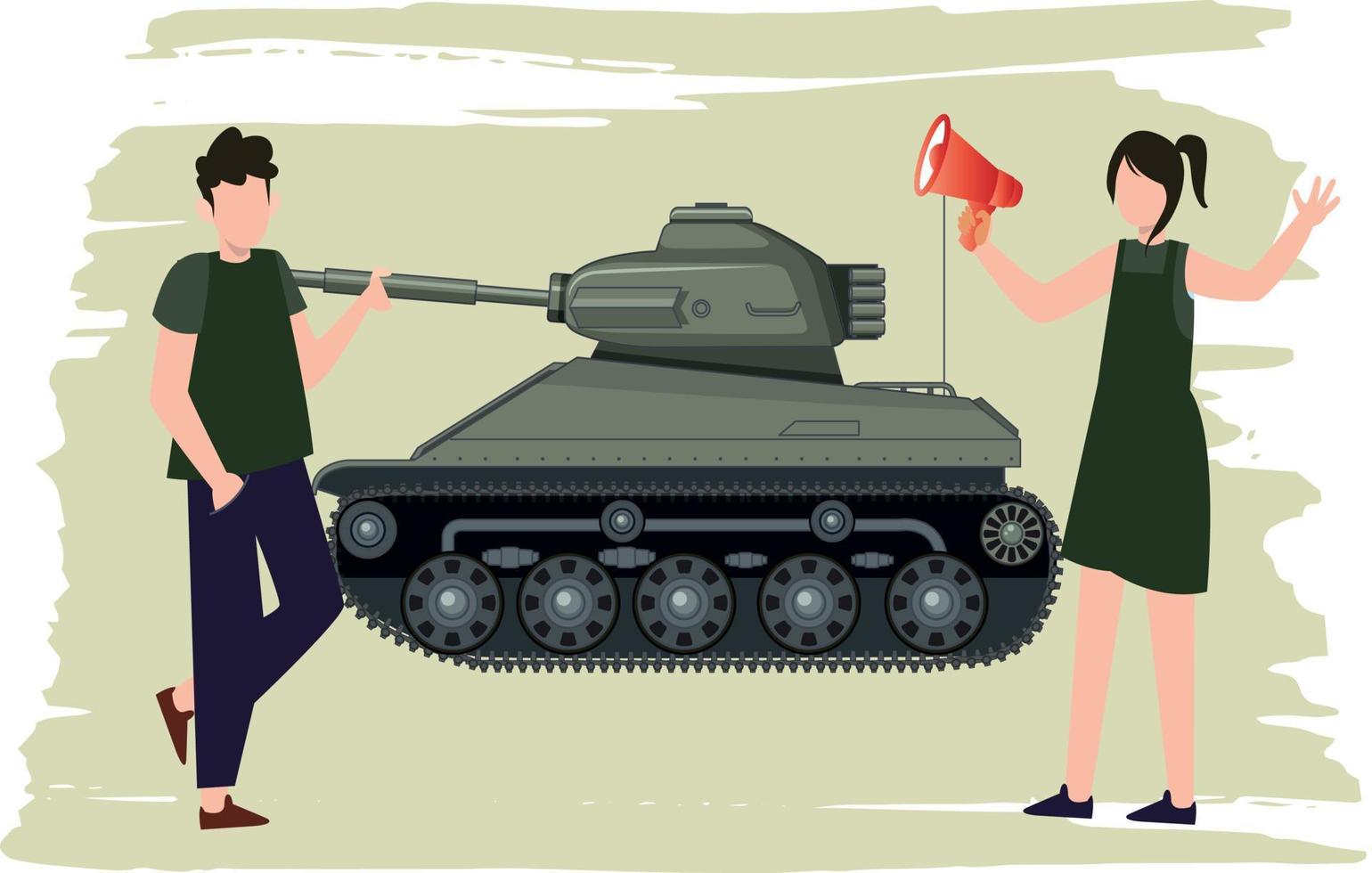 The girl is announcing a military tank through a megaphone. vector
