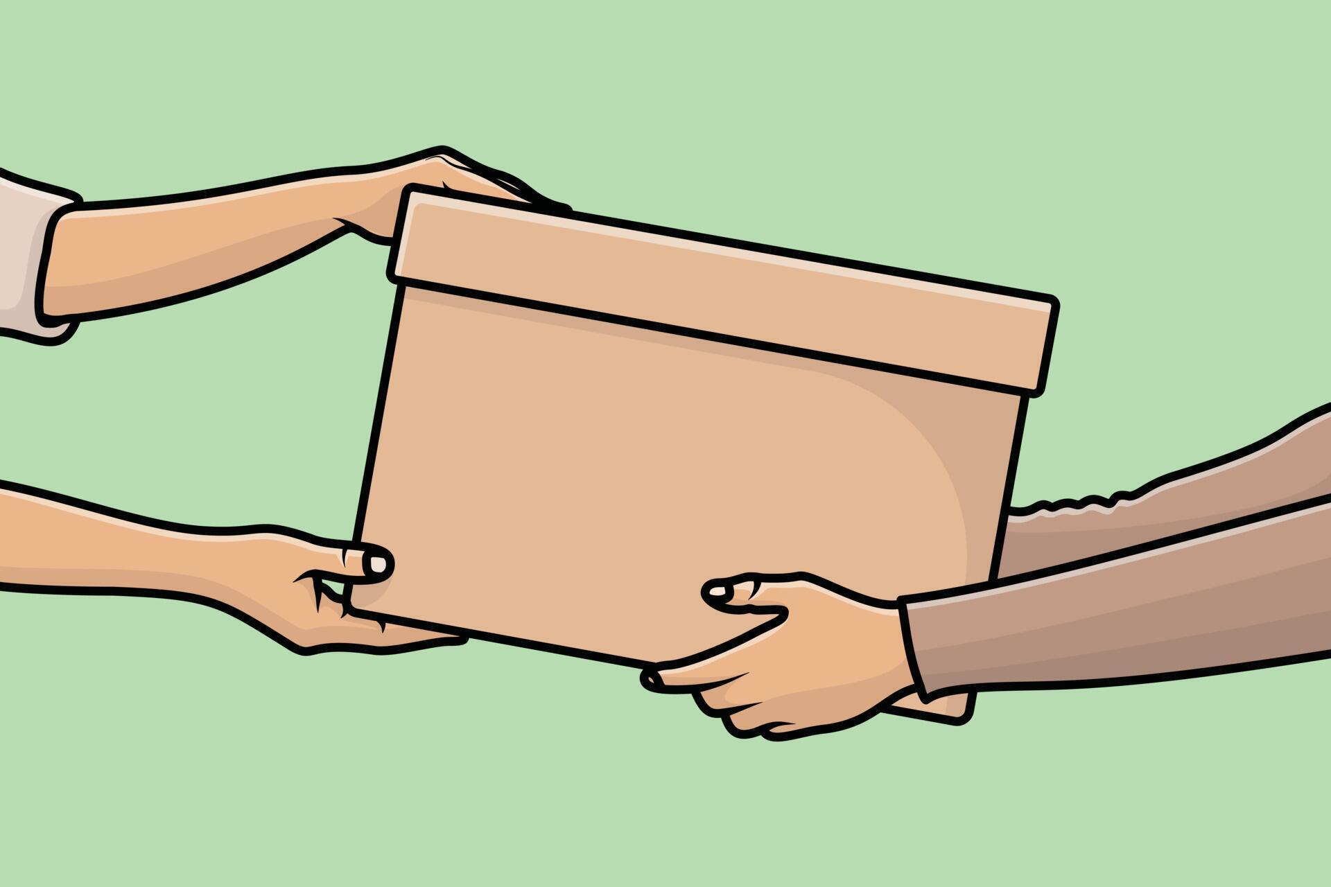 Volunteer giving a donate box to the Recipient vector illustration