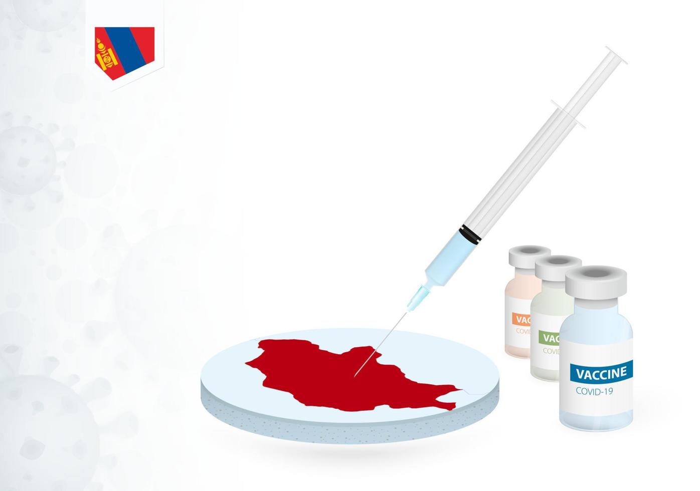 Vaccination in Mongolia with different type of COVID-19 vaccine. Concept with the vaccine injection in the map of Mongolia. vector