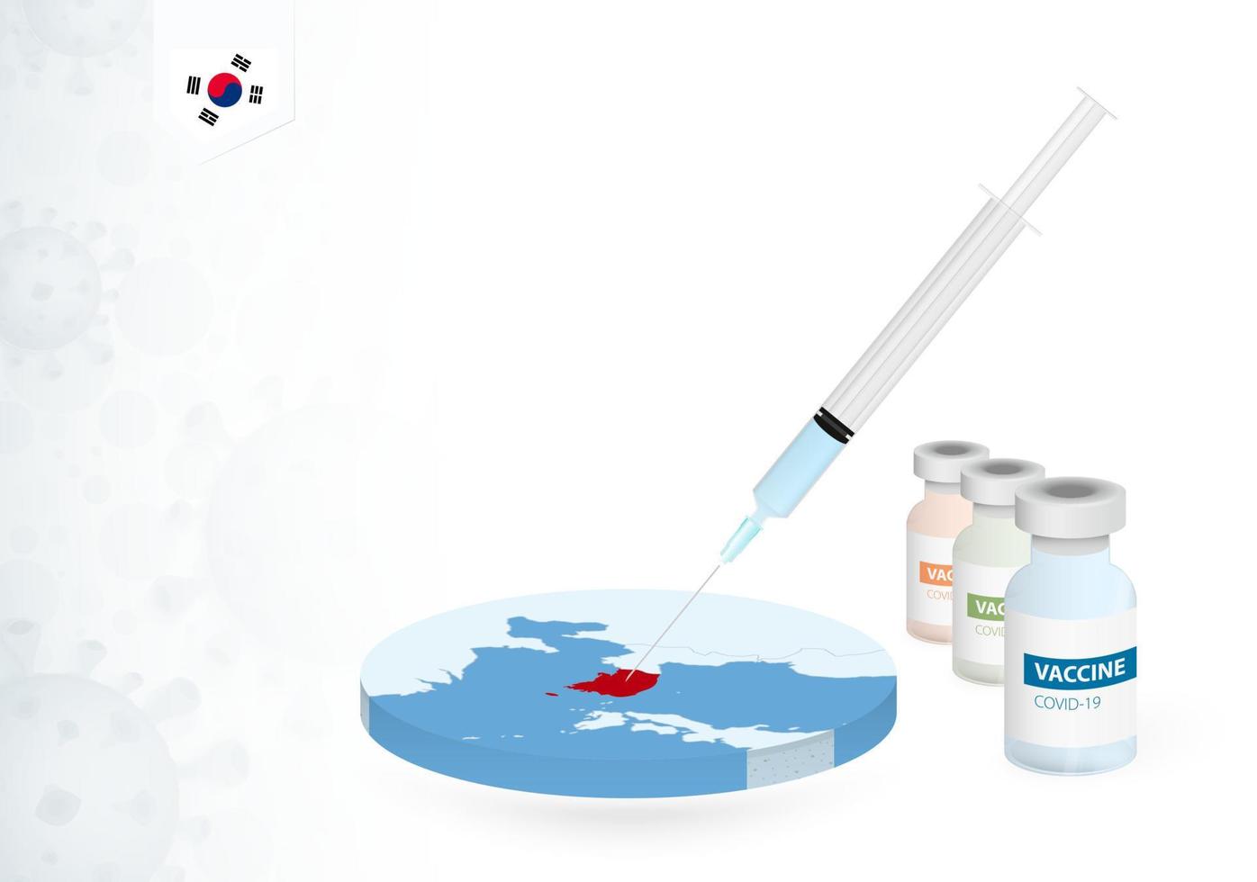 Vaccination in South Korea with different type of COVID-19 vaccine. Concept with the vaccine injection in the map of South Korea. vector