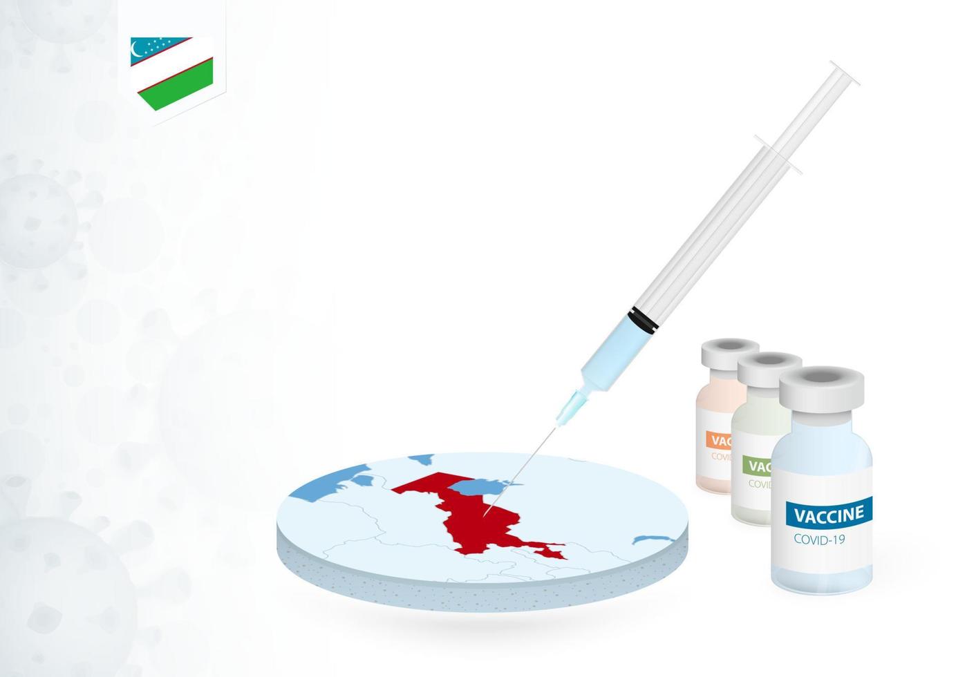 Vaccination in Uzbekistan with different type of COVID-19 vaccine. Concept with the vaccine injection in the map of Uzbekistan. vector