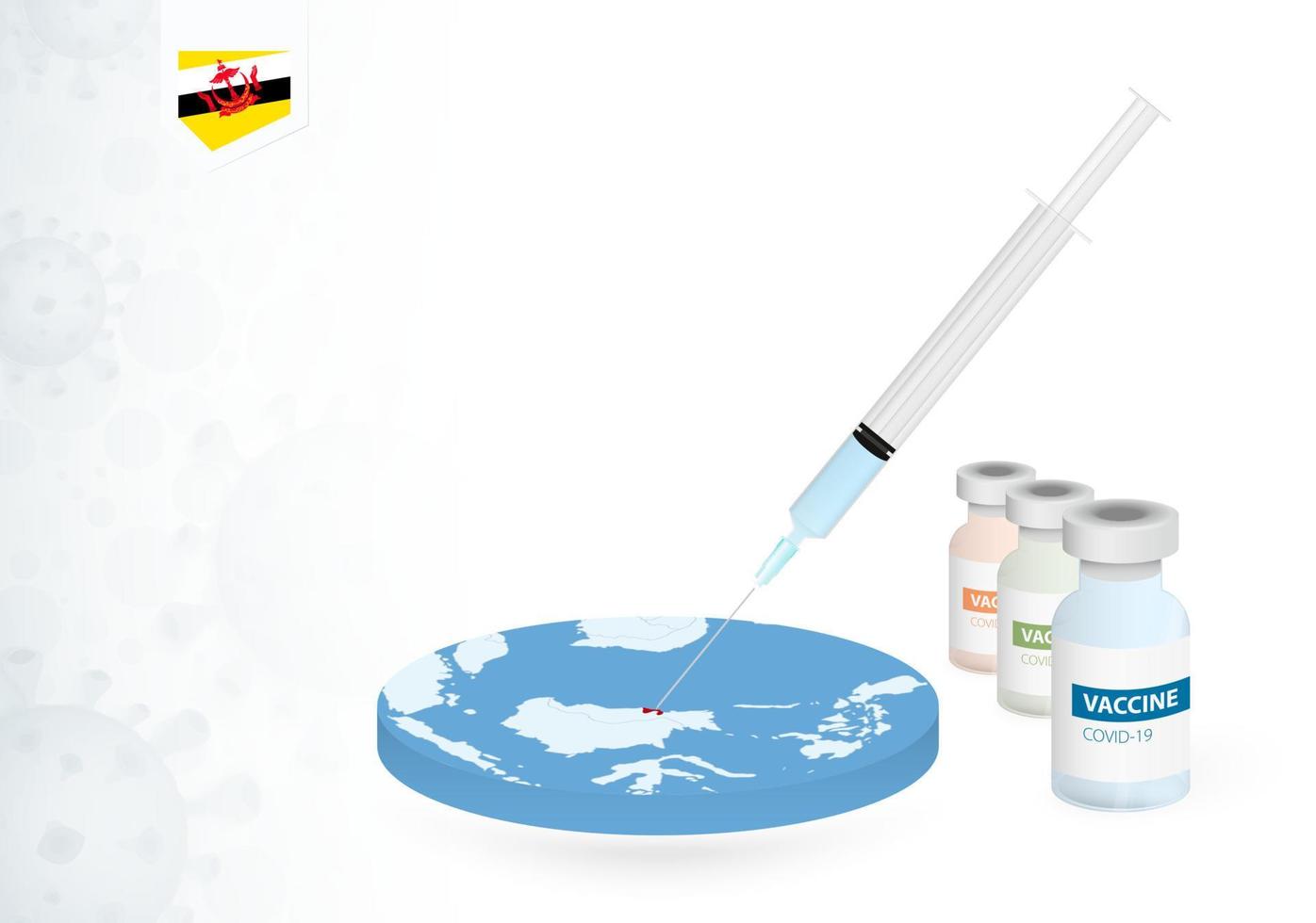 Vaccination in Brunei with different type of COVID-19 vaccine. Concept with the vaccine injection in the map of Brunei. vector