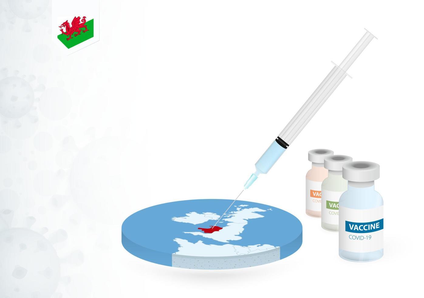 vacunación en Gales con diferente tipo de covid-19 vacuna. concepto con el vacuna inyección en el mapa de Gales. vector