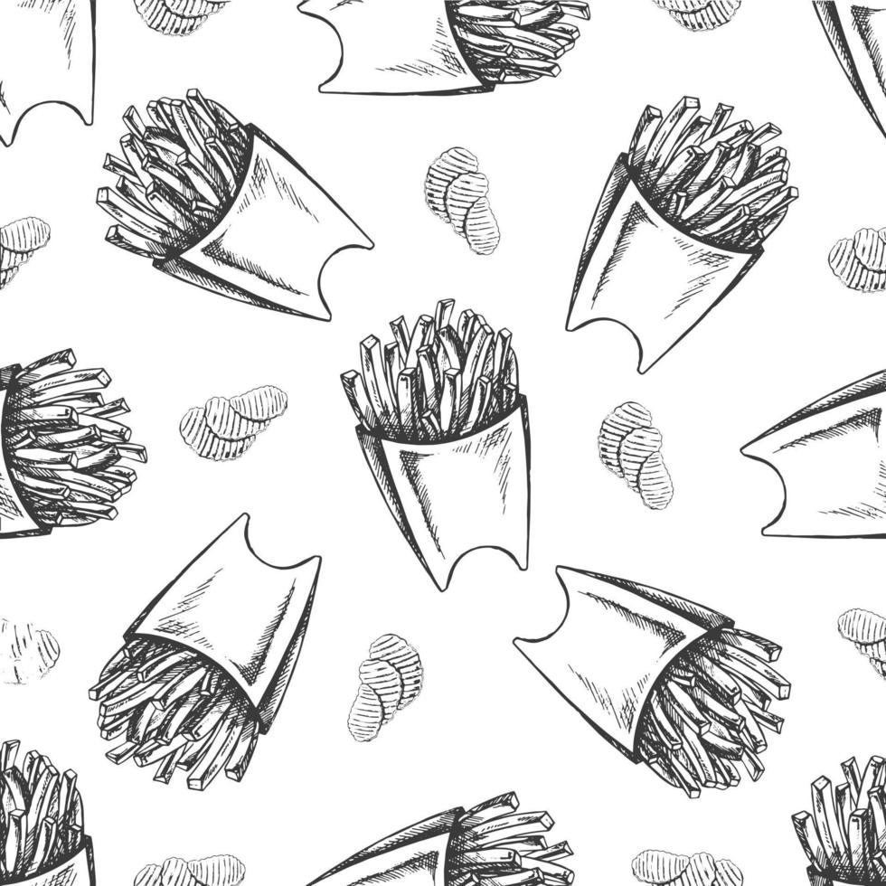 vector Clásico rápido comida sin costura modelo. mano dibujado monocromo basura comida ilustración con patata papas fritas y francés papas fritas genial para menú, póster o restaurante antecedentes.