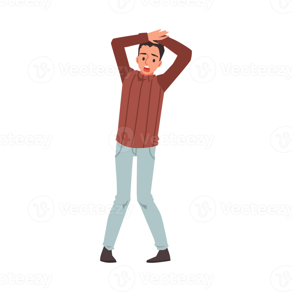 Frightened scared man clutching his head in panic or fear, flat isolated. png