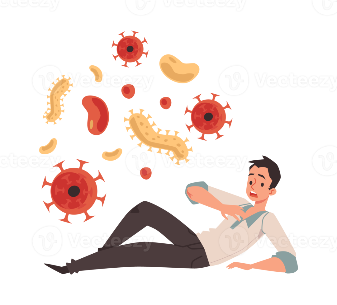 Man with anxiety of germs has panic attack, flat illustration isolated. png