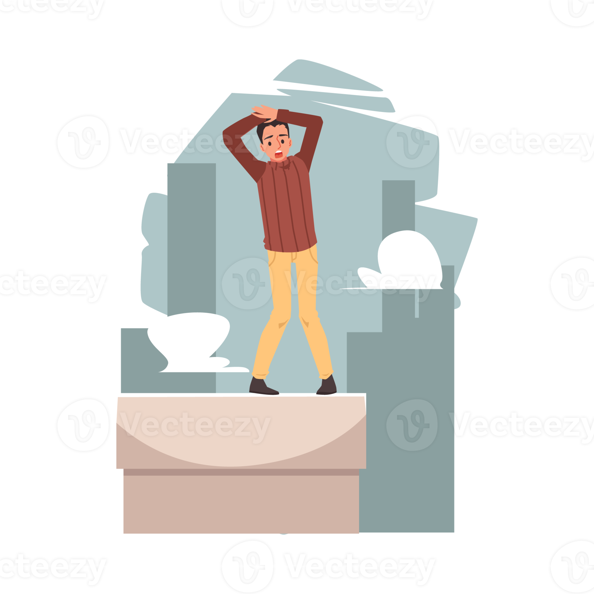 Man with fear or phobia of heights, flat illustration isolated