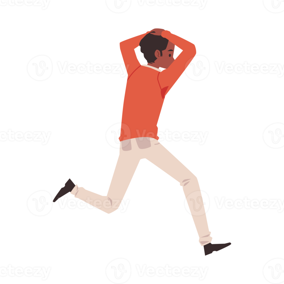 Man running away in panic afraid of something, flat illustration isolated. png