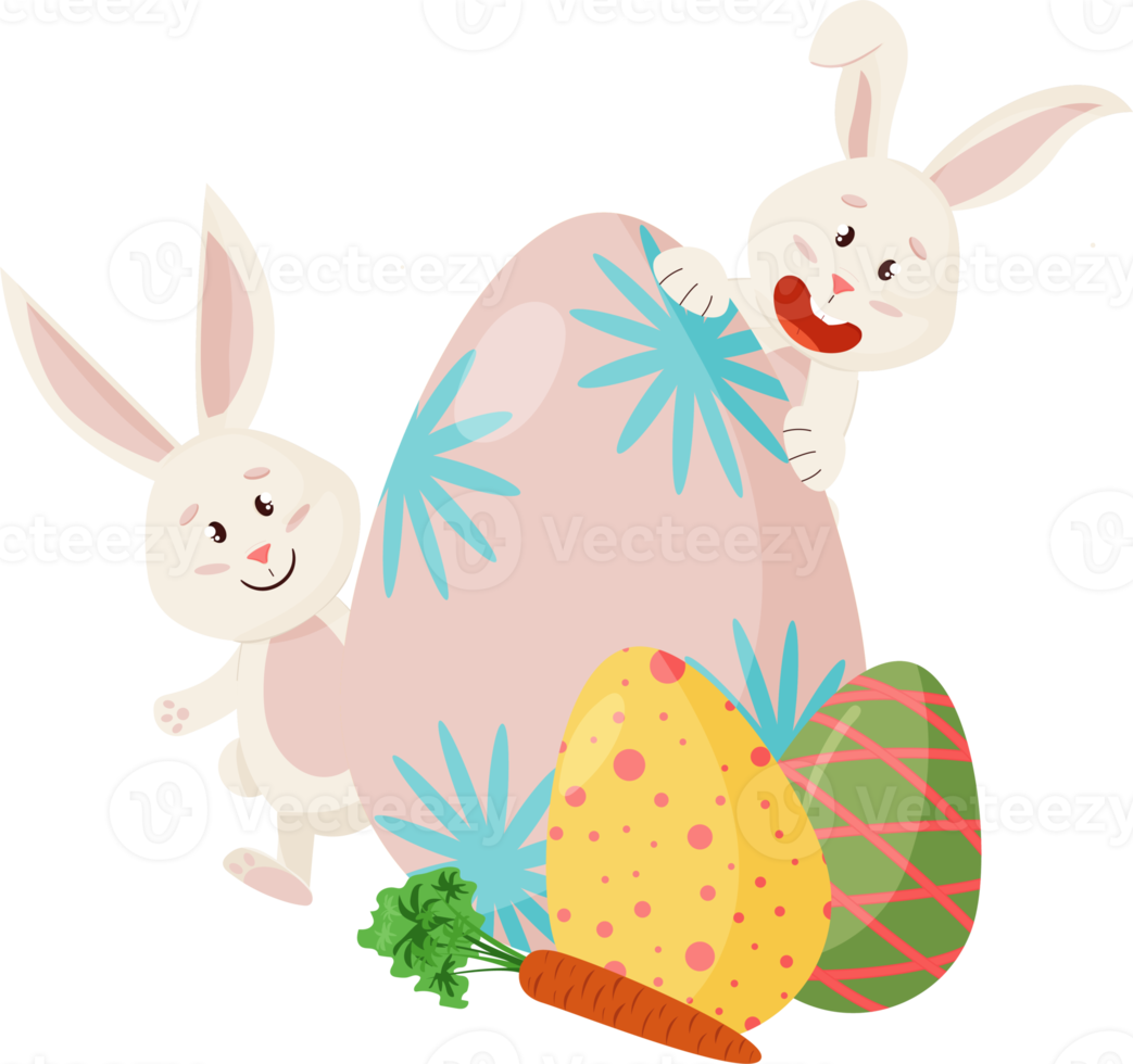 Bunnies Character. Peeks out from Eggs, Carrot. Funny, Happy Easter Rabbits. png