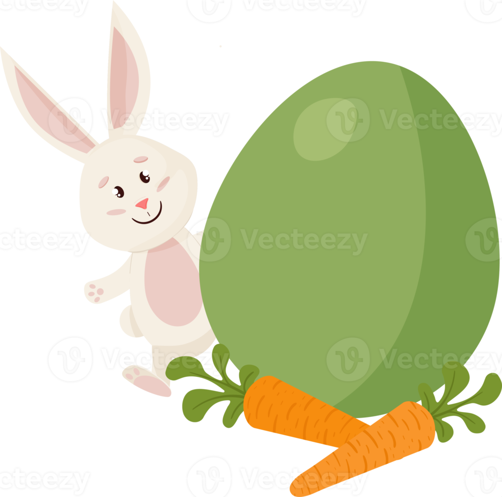 konijn karakter. gluurt uit van ei, wortel. grappig, gelukkig Pasen konijn. PNG