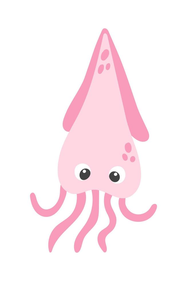 Vector cute cartoon pink squid in flat style. Illustration of sea animal character