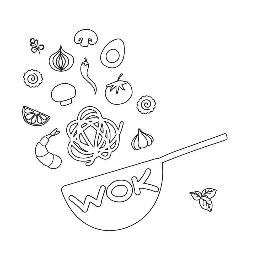 Ingredients for Wok pan. vector doodle flat asian wok symbols set. Flying vegetables with seafood for menu design.