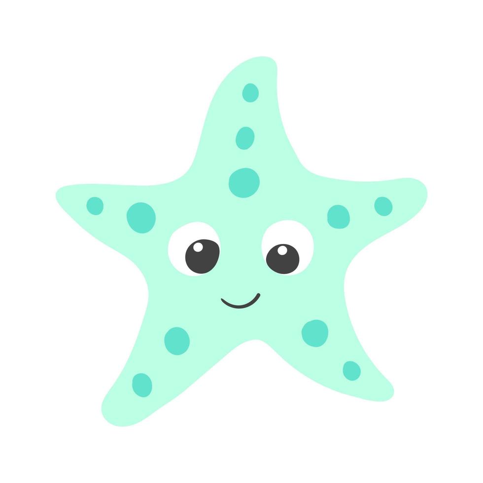 Vector cute cartoon light green starfish in flat style.Illustration of sea animal character