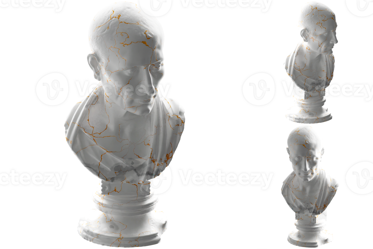 A stunning white marble and gold 3D render of The Caesar bust, for apparel, streetwear, album covers png