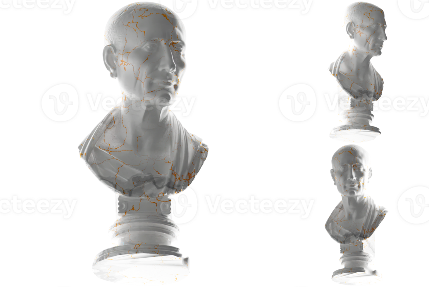 A stunning white marble and gold 3D render of The Caesar bust, for apparel, streetwear, album covers png