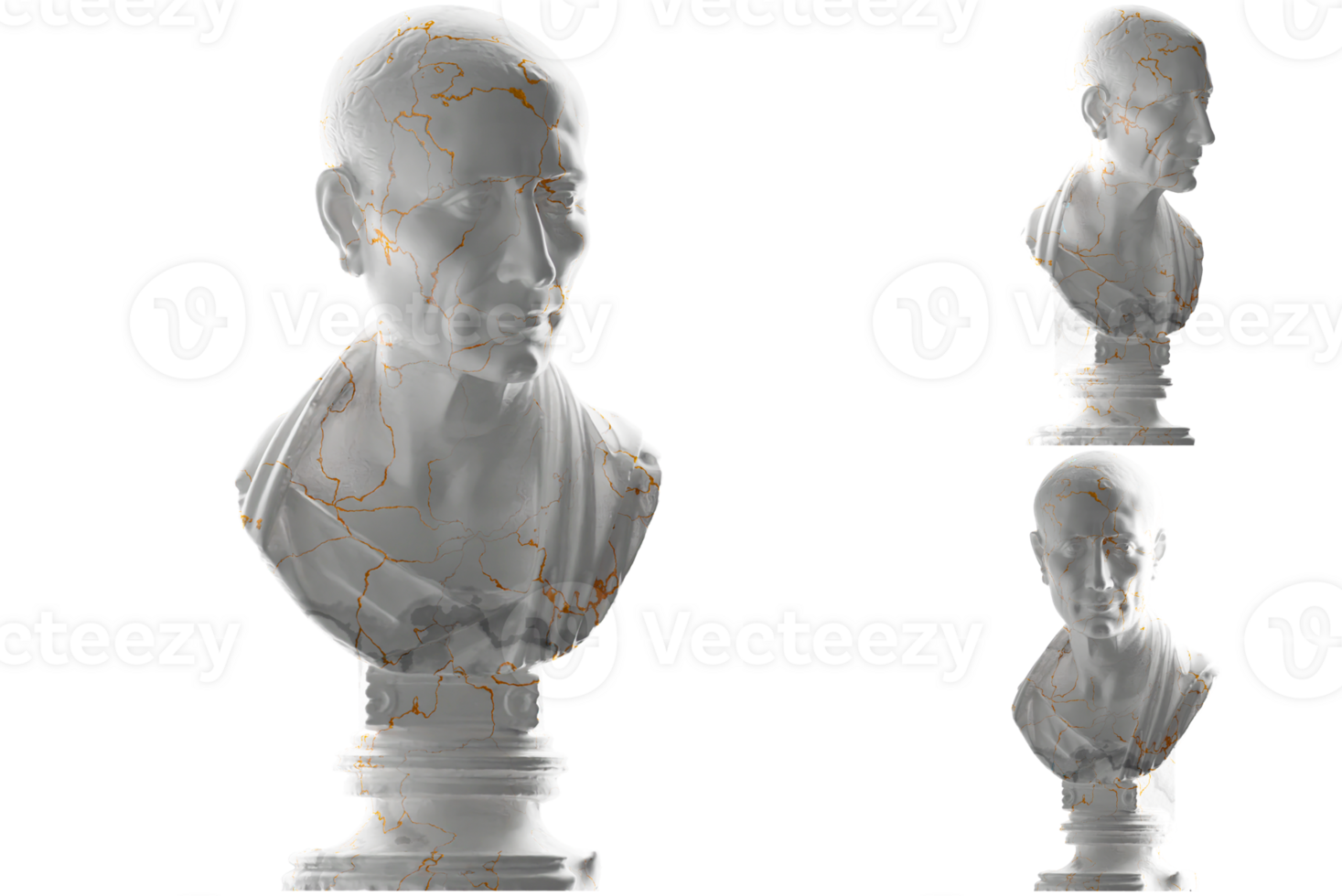 A stunning white marble and gold 3D render of The Caesar bust, for apparel, streetwear, album covers png