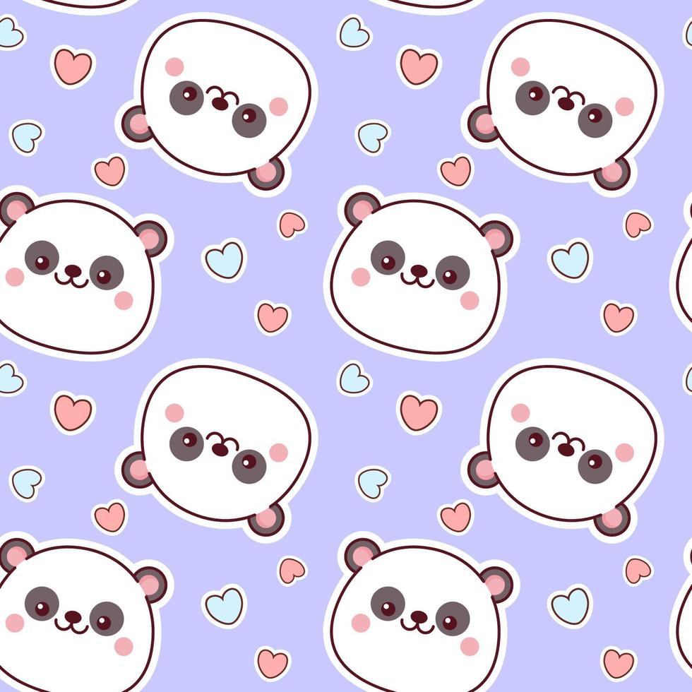 Seamless pattern of panda faces on a purple background with hearts vector
