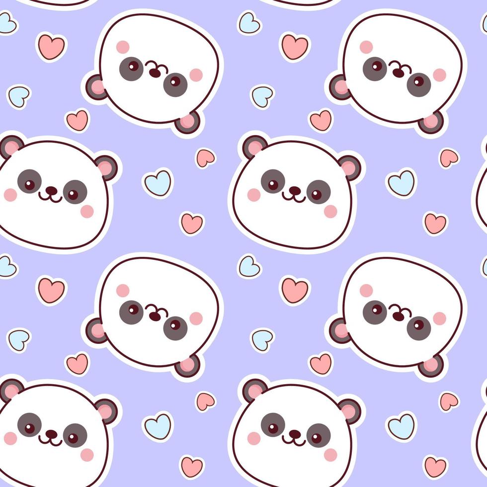 Seamless pattern of panda faces on a purple background with hearts vector