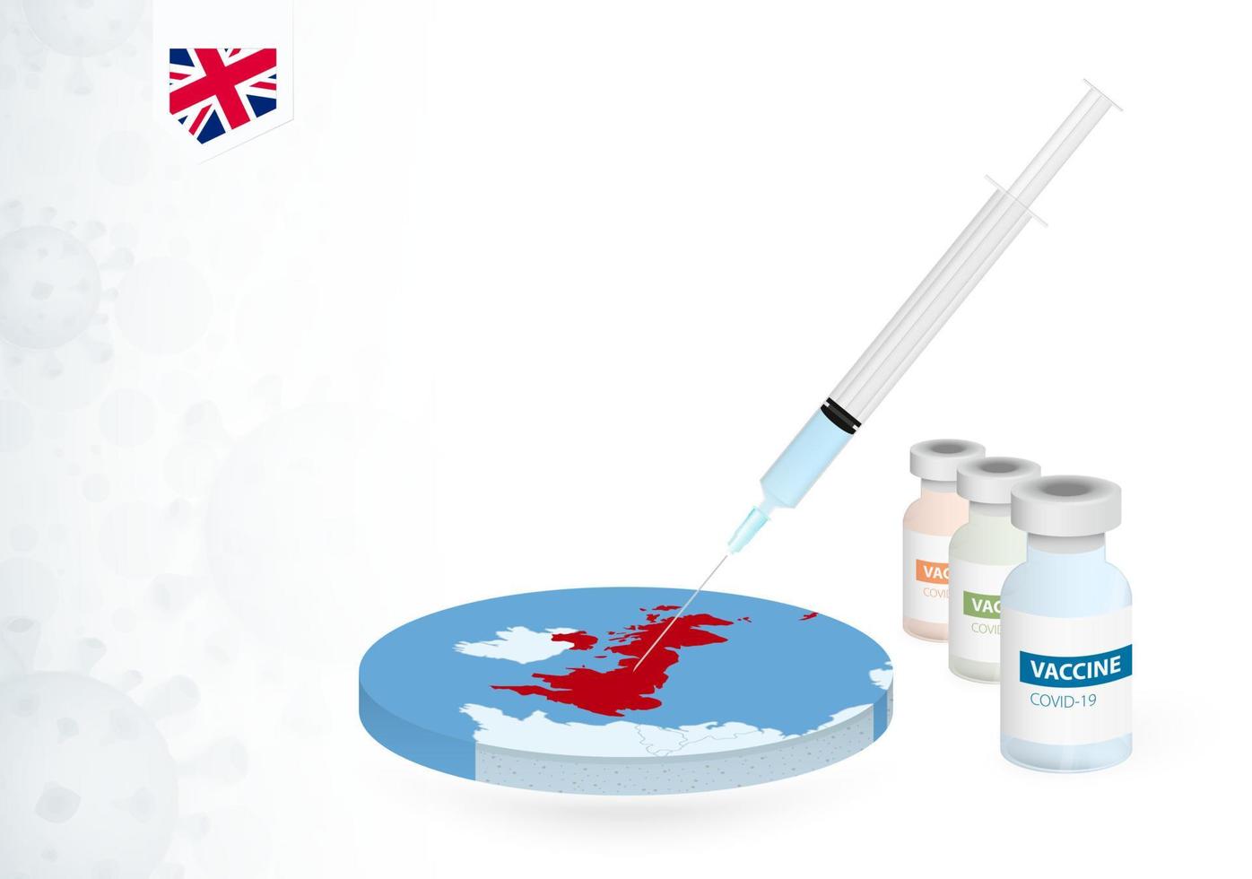 Vaccination in United Kingdom with different type of COVID-19 vaccine. Concept with the vaccine injection in the map of United Kingdom. vector