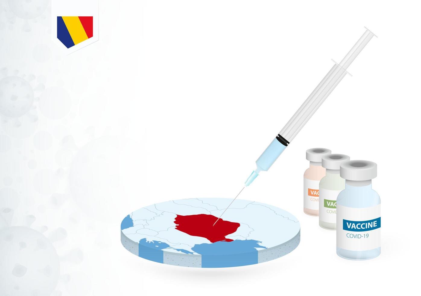 Vaccination in Romania with different type of COVID-19 vaccine. Concept with the vaccine injection in the map of Romania. vector