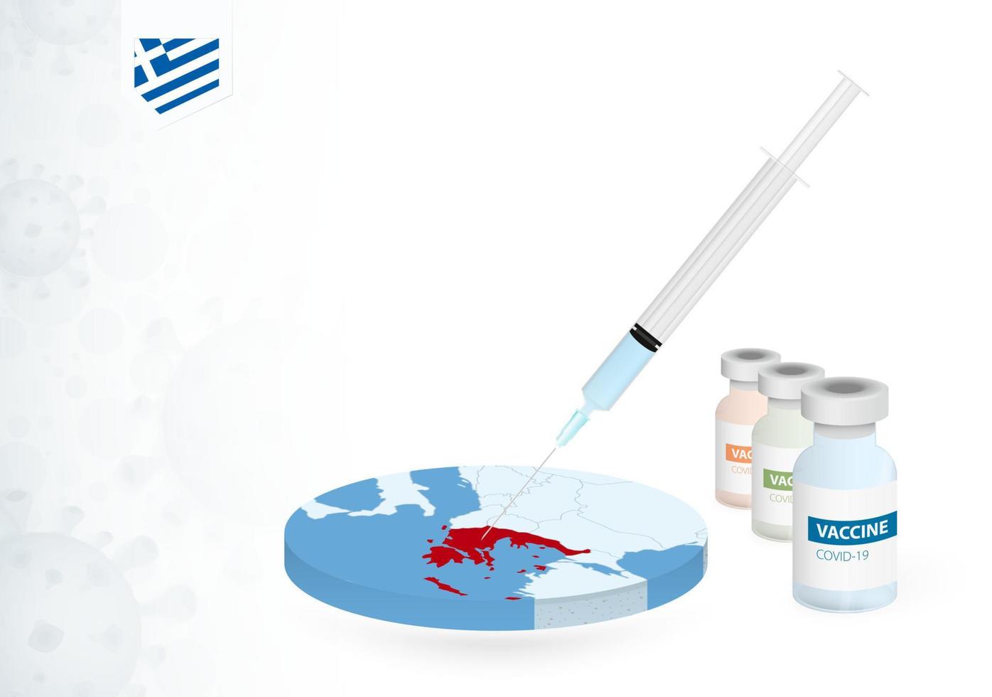 Vaccination in Greece with different type of COVID-19 vaccine. Concept with the vaccine injection in the map of Greece. vector