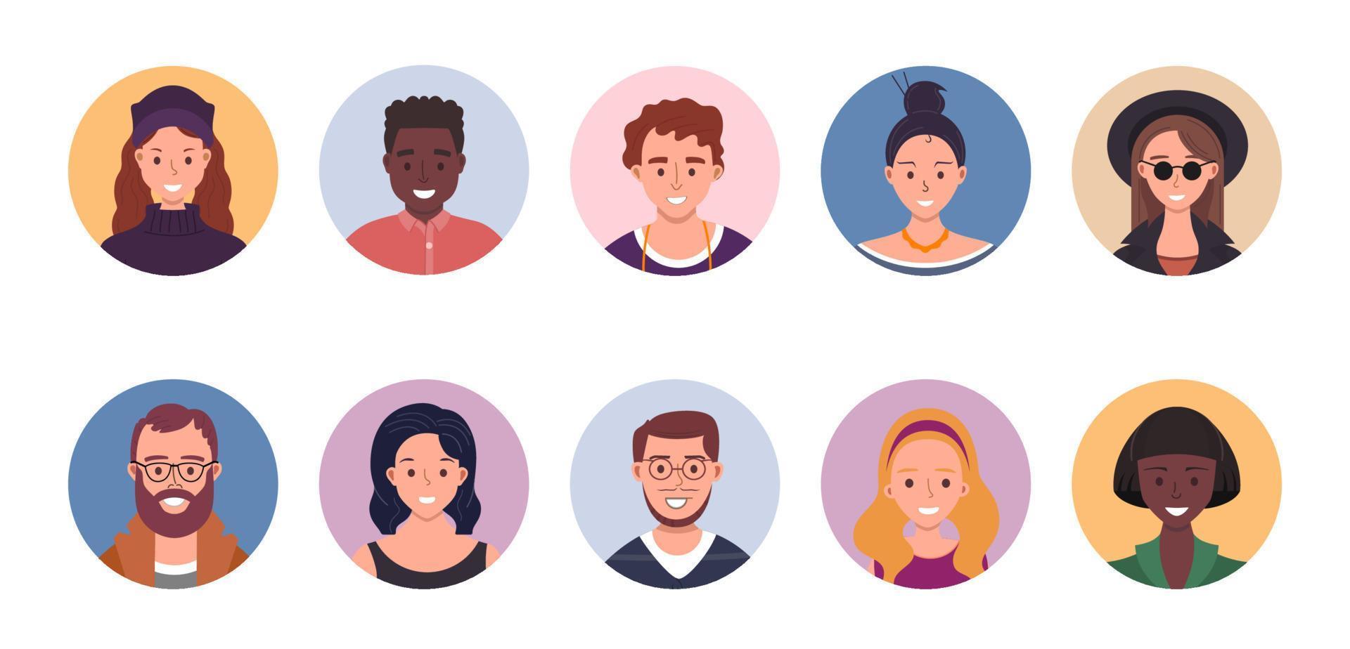 personas avatar haz colocar. usuario retratos diferente humano cara iconos masculino y hembra caracteres. sonriente hombres y mujer caracteres. plano dibujos animados estilo vector ilustración