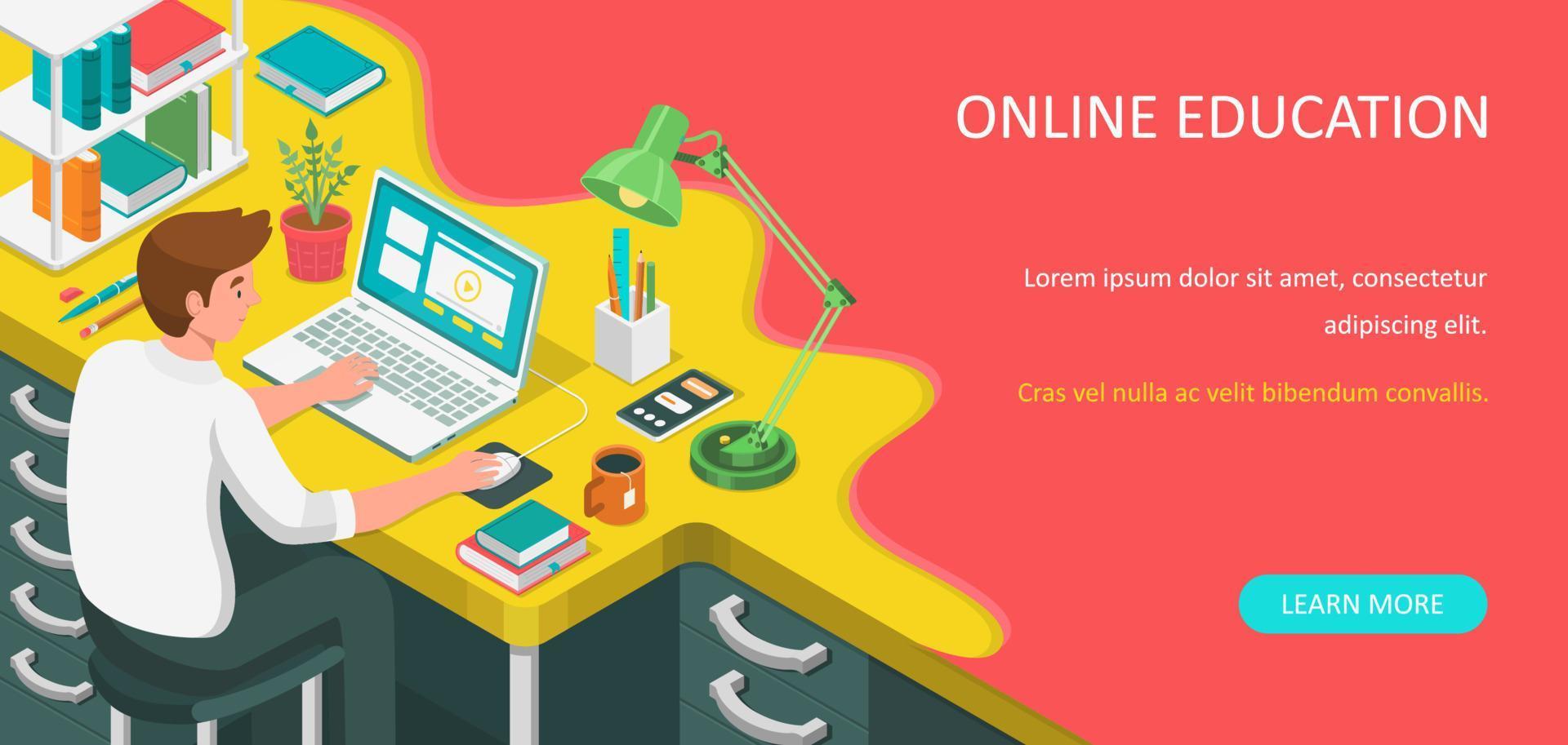 Learning online at home. Student sitting at desk and looking at laptop. E-learning banner. Web courses or tutorials concept. Distance education flat isometric vector illustration.