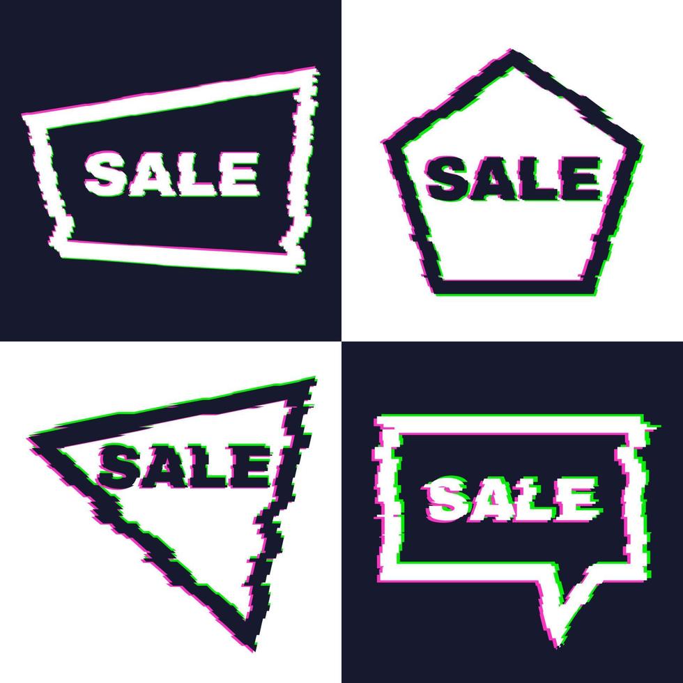 Set of four distorted glitch sale banners with error effect on the edges and in text. Vector illustration.