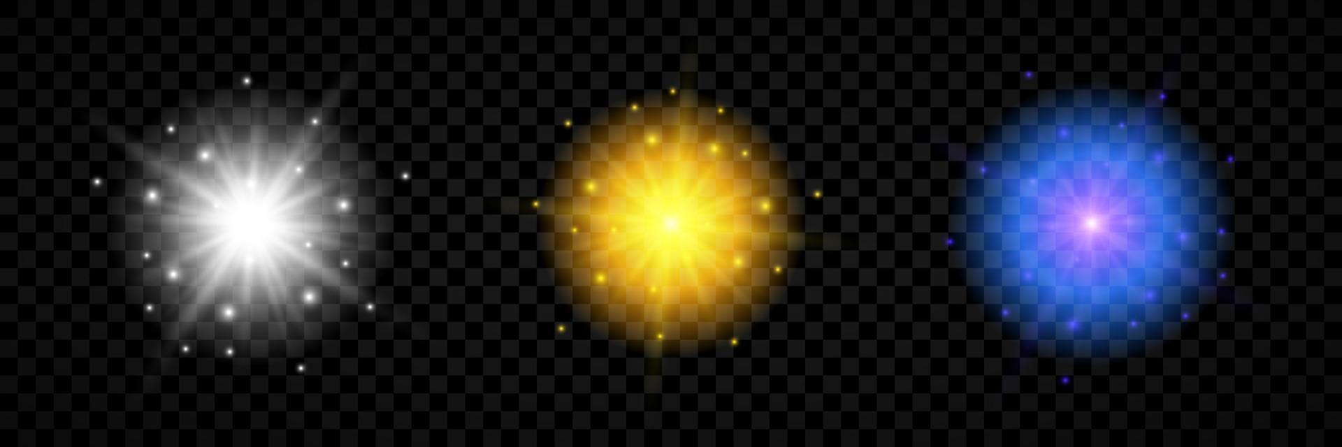 efecto de luz de destellos de lente. conjunto de tres luces brillantes blancas, amarillas y azules efectos de explosión estelar con destellos vector