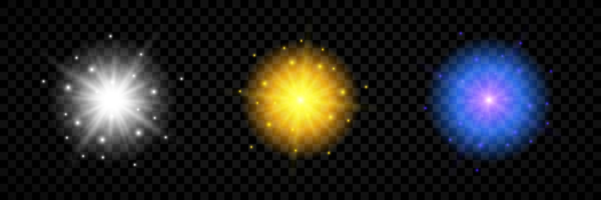 Light effect of lens flares. Set of three white, yellow and blue glowing lights starburst effects with sparkles vector