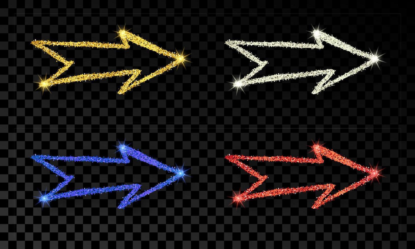 Set of four doodle hand drawn arrows with gold, silver, blue and red glitter effect on dark background. Vector illustration
