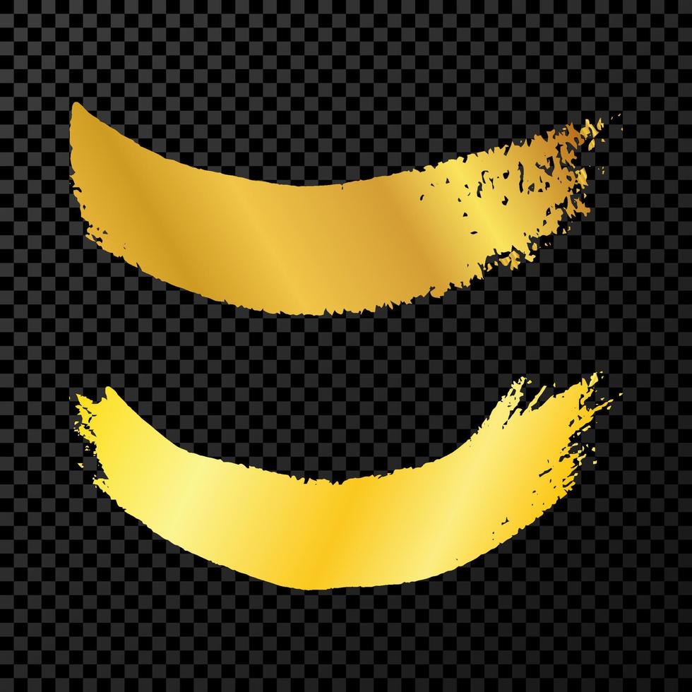 Gold grunge brush strokes. Two painted wavy ink stripes. Ink spot isolated on dark background. Vector illustration