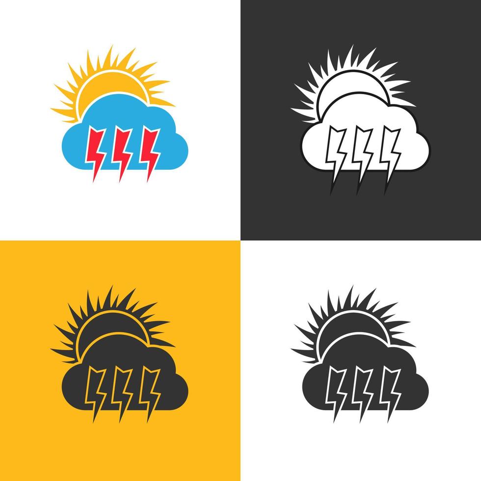 Sunny day thunderstorm weather Icon. Set of four Sunny day thunderstorm weather icon on different backgrounds. Vector illustration.