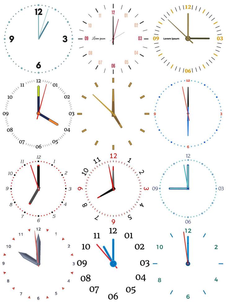 A set of different mechanical clocks with an image of each of the twelve hours. Clock face on white background. vector