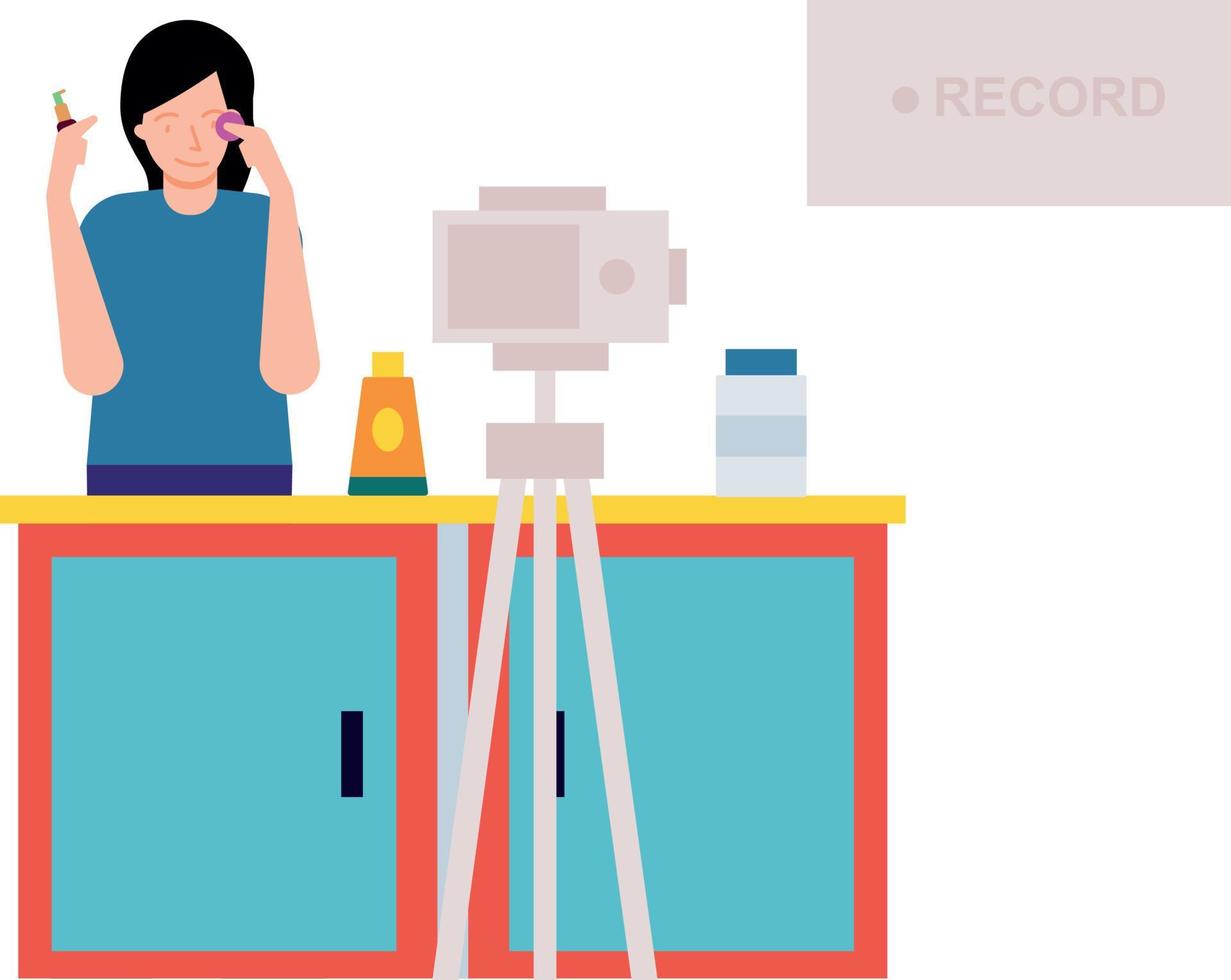 A girl is making a promotional video for cosmetics. vector