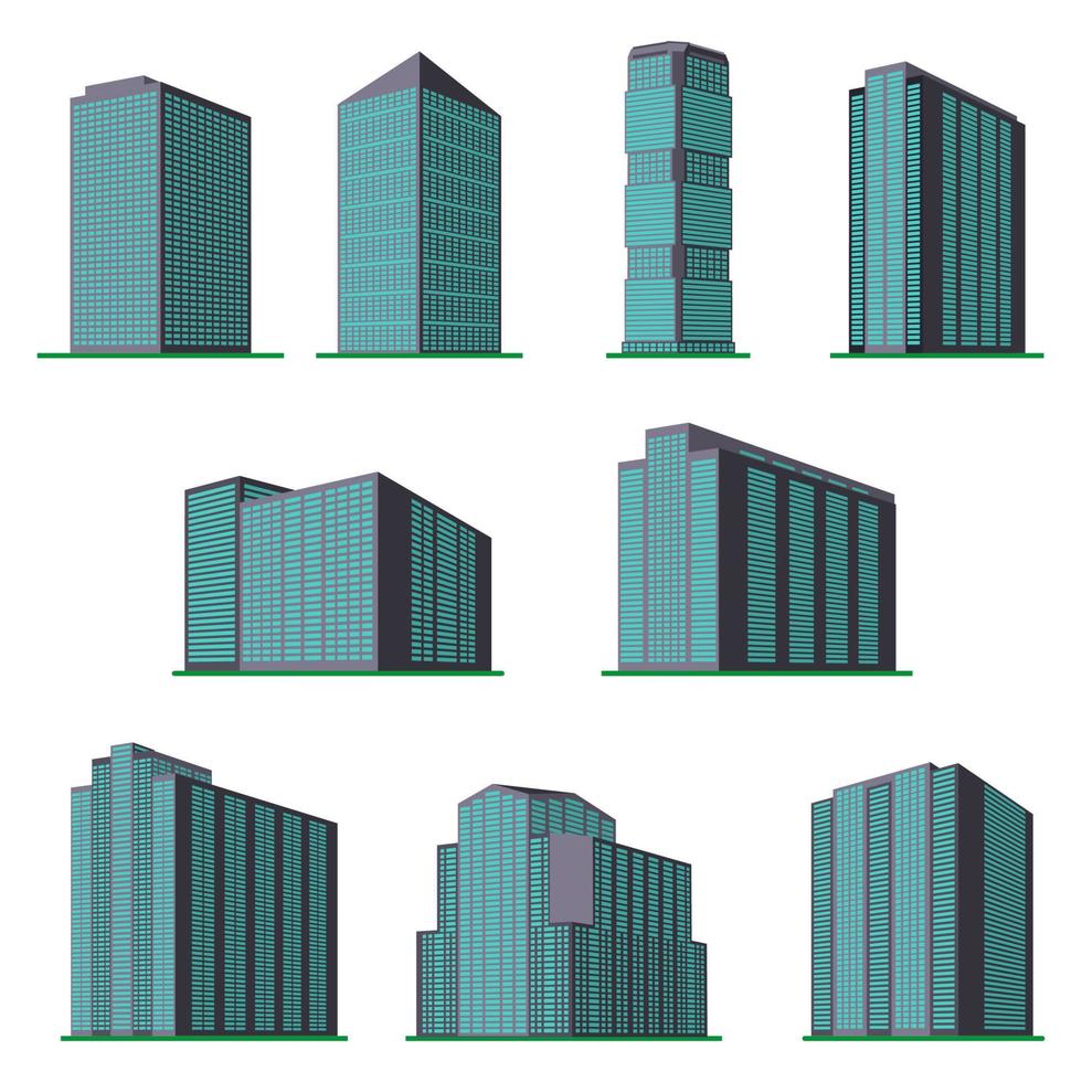 Set of nine modern high-rise building on a white background. View of the building from the bottom. Isometric vector illustration.