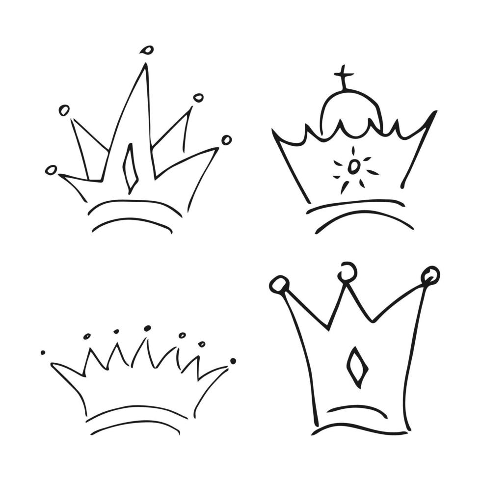 Hand drawn crowns. Set of four simple graffiti sketch queen or king crowns. Royal imperial coronation and monarch symbols. Black brush doodle vector