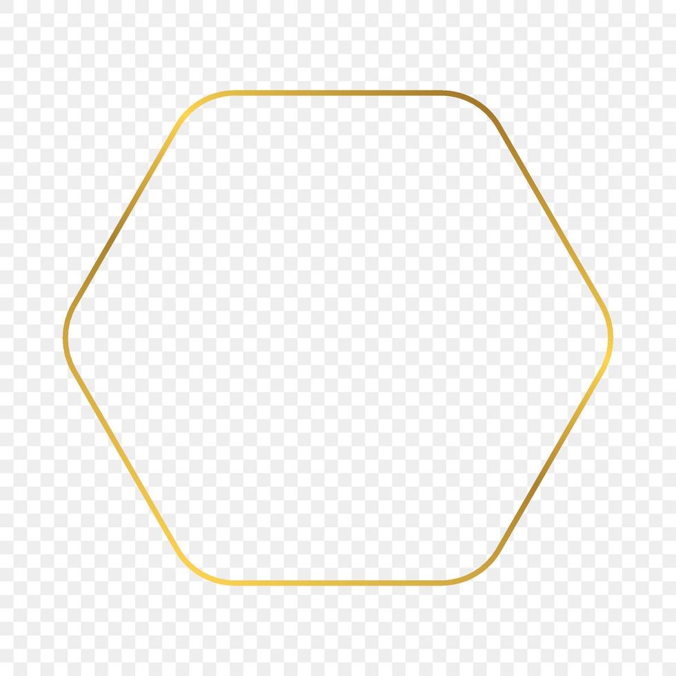 Gold glowing rounded hexagon frame isolated on background. Shiny frame with glowing effects. Vector illustration.