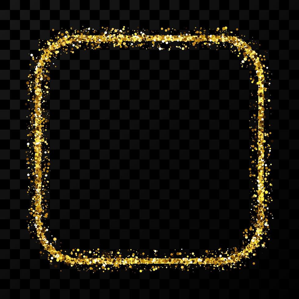 Gold glitter frame. Square with rounded corners frame with shiny sparkles on dark vector