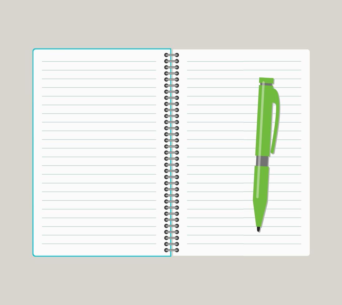 Open notebook with green pen. Vector illustration