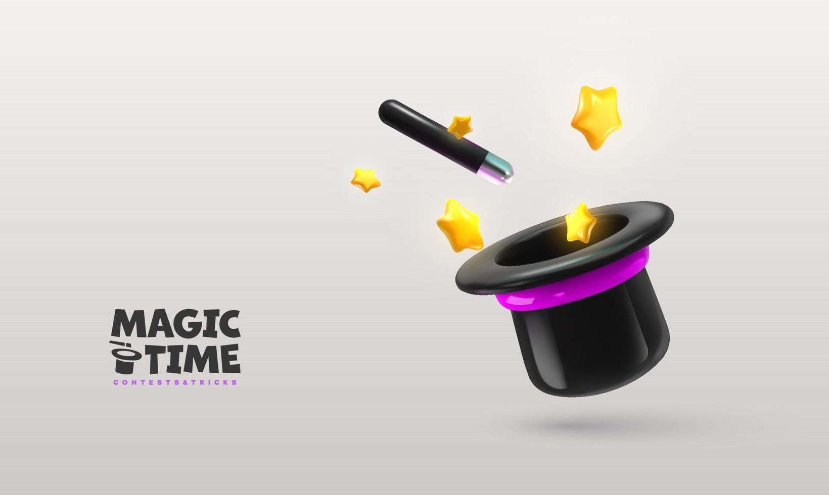 Magic wand and hat with stars explosion outside on light background vector illustration. Wizard tool, magic stick with spell