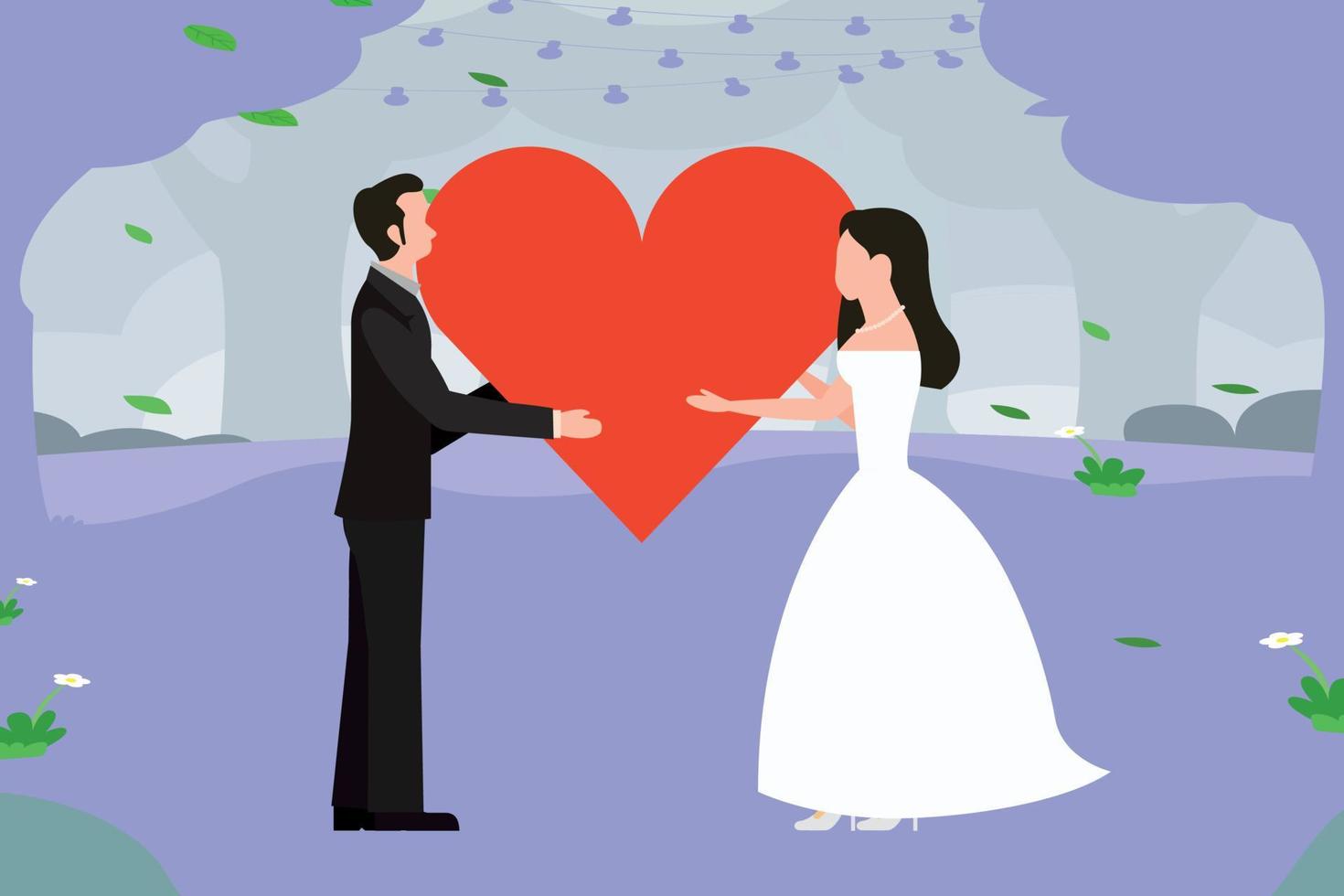 Bride and groom holding hearts. vector