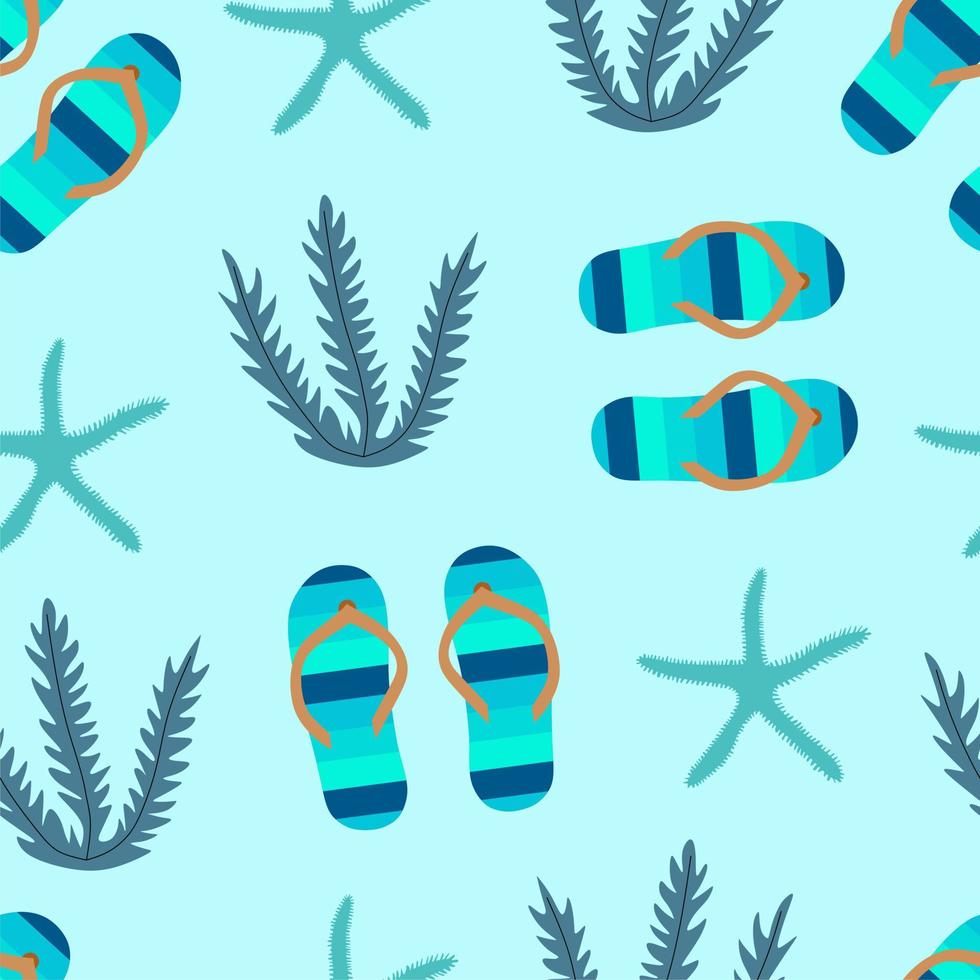 Vector travel seamless pattern Illustration with flip flops, starfish and seaweeds.
