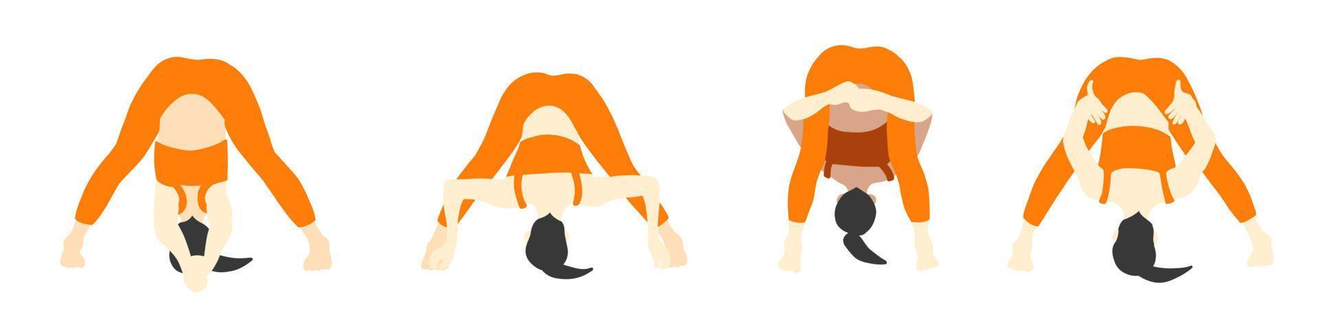 Flexibility yoga poses collection. Asian female, lady, woman, girl. Meditation, pilates, mental health, training, gym. Vector illustration in cartoon flat style isolated on white background.